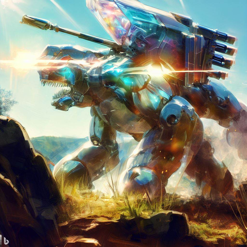 future mech dinosaur with glass body firing guns in wild, rocks in foreground, lens flare, bob ross style painting 1.jpg